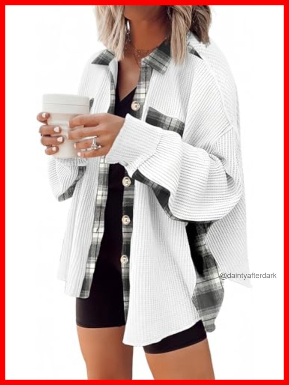 Waffle Knit Plaid Shacket Lightweight Button Down Flannel Shirt
